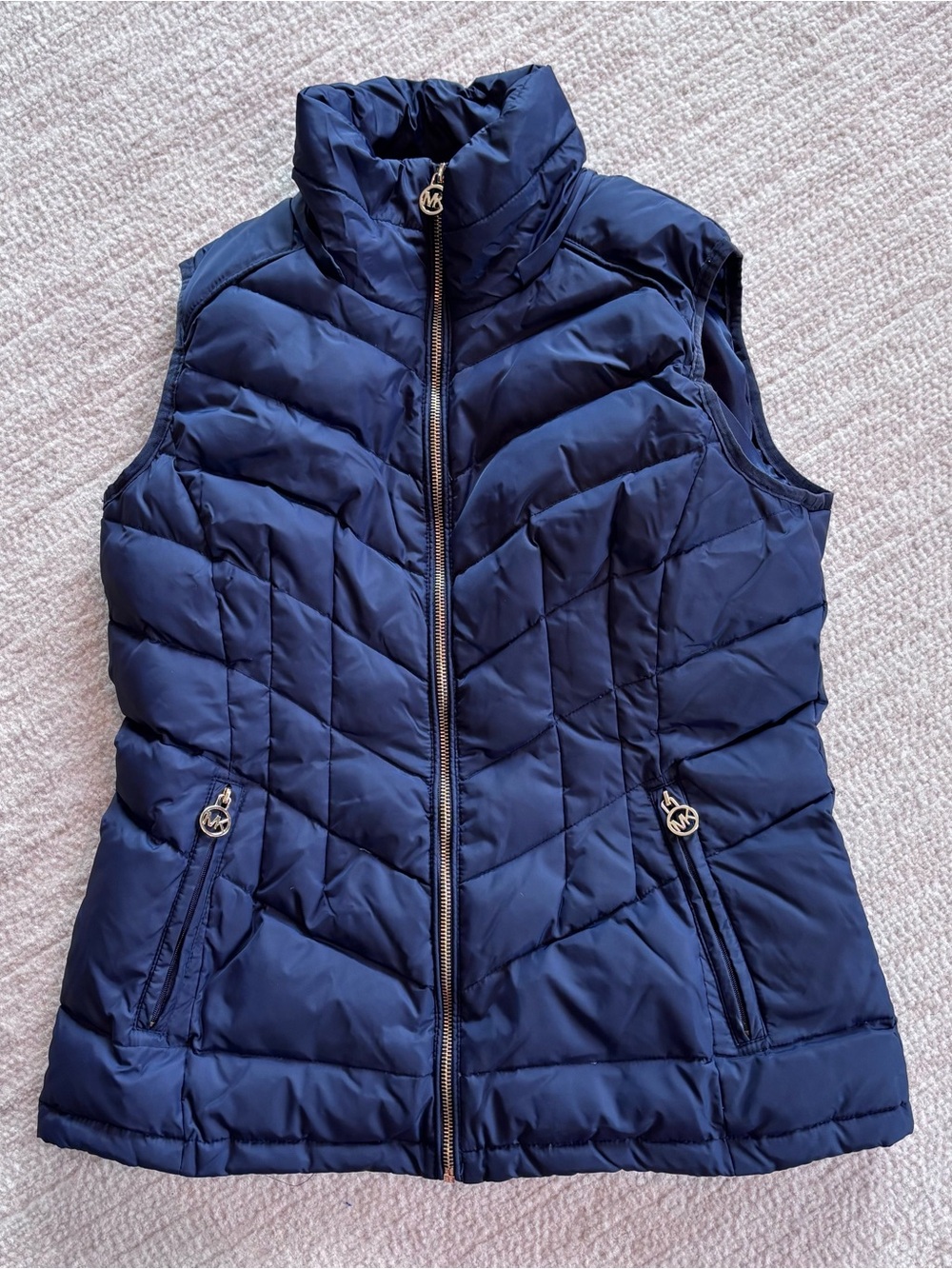 Michael Kors Navy Quilted Puffer Vest with MK Zip Pulls NO HOOD